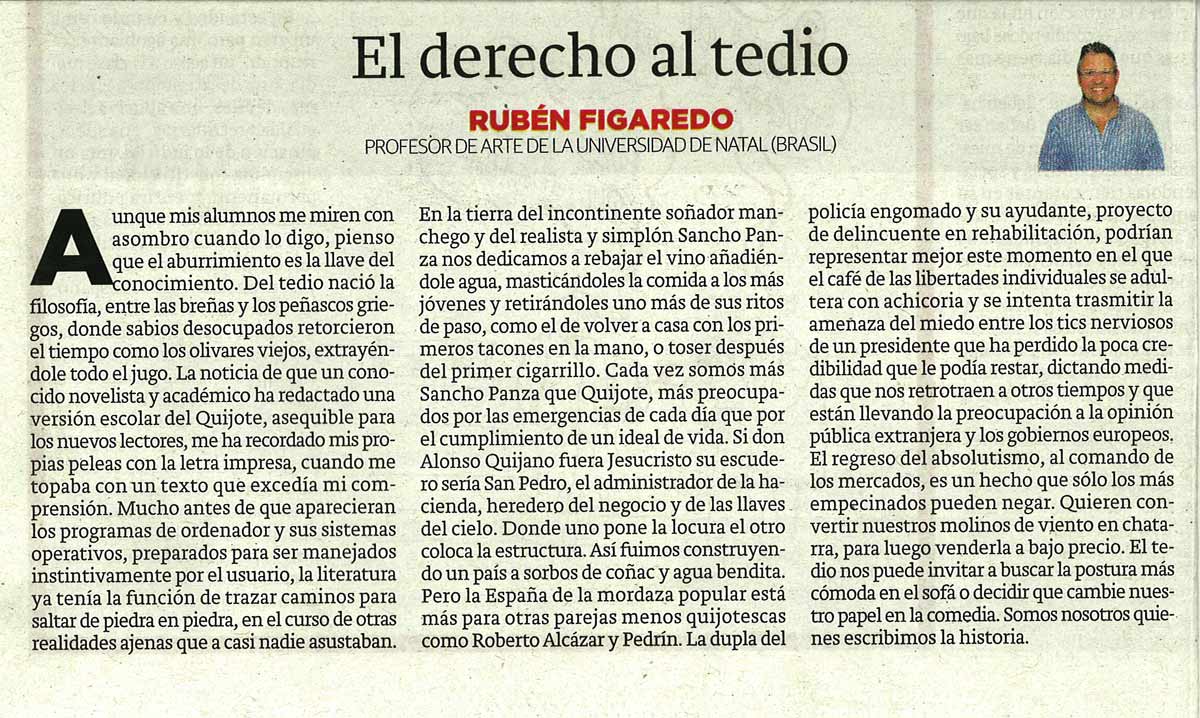 El derecho al tedio; - originariamente publicado en El Comercio, el 29.12.14. (Artículo escaneado de la versión imprenta en el periódico El Comercio.