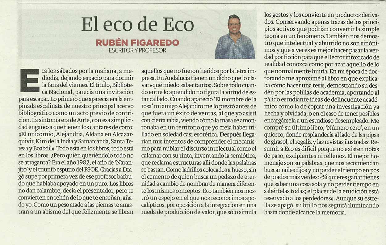 El eco de Eco; - originariamente publicado en El Comercio, el 29.02.16. (Artículo escaneado de la versión imprenta en el periódico El Comercio.