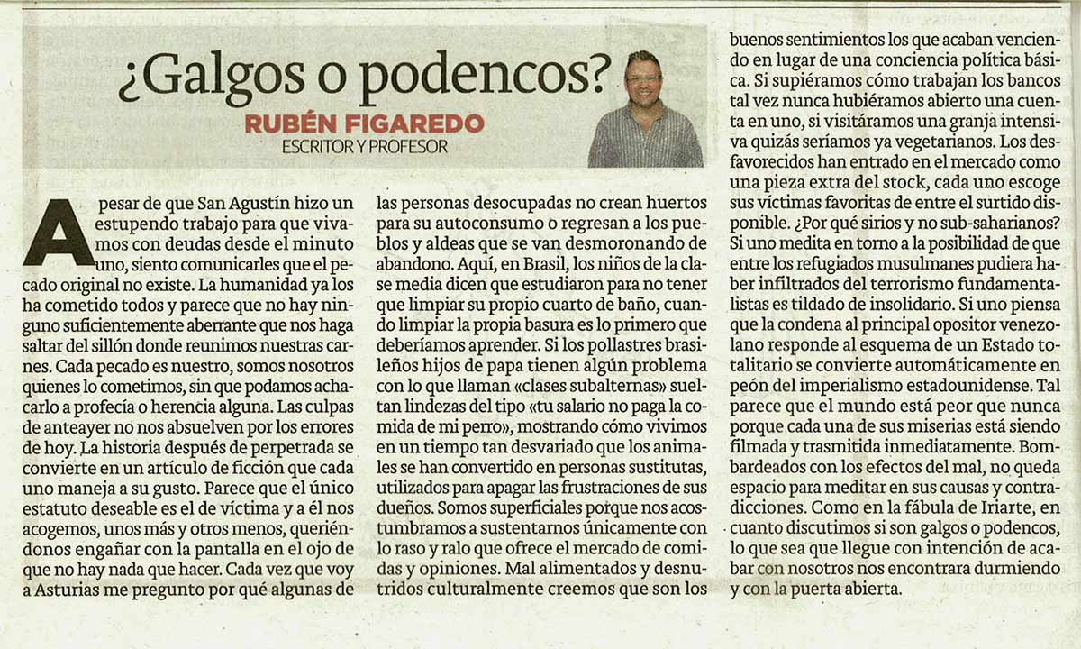 Galgos o podencos; - originariamente publicado en El Comercio, el 13.09.15. (Artículo escaneado de la versión imprenta en el periódico El Comercio.