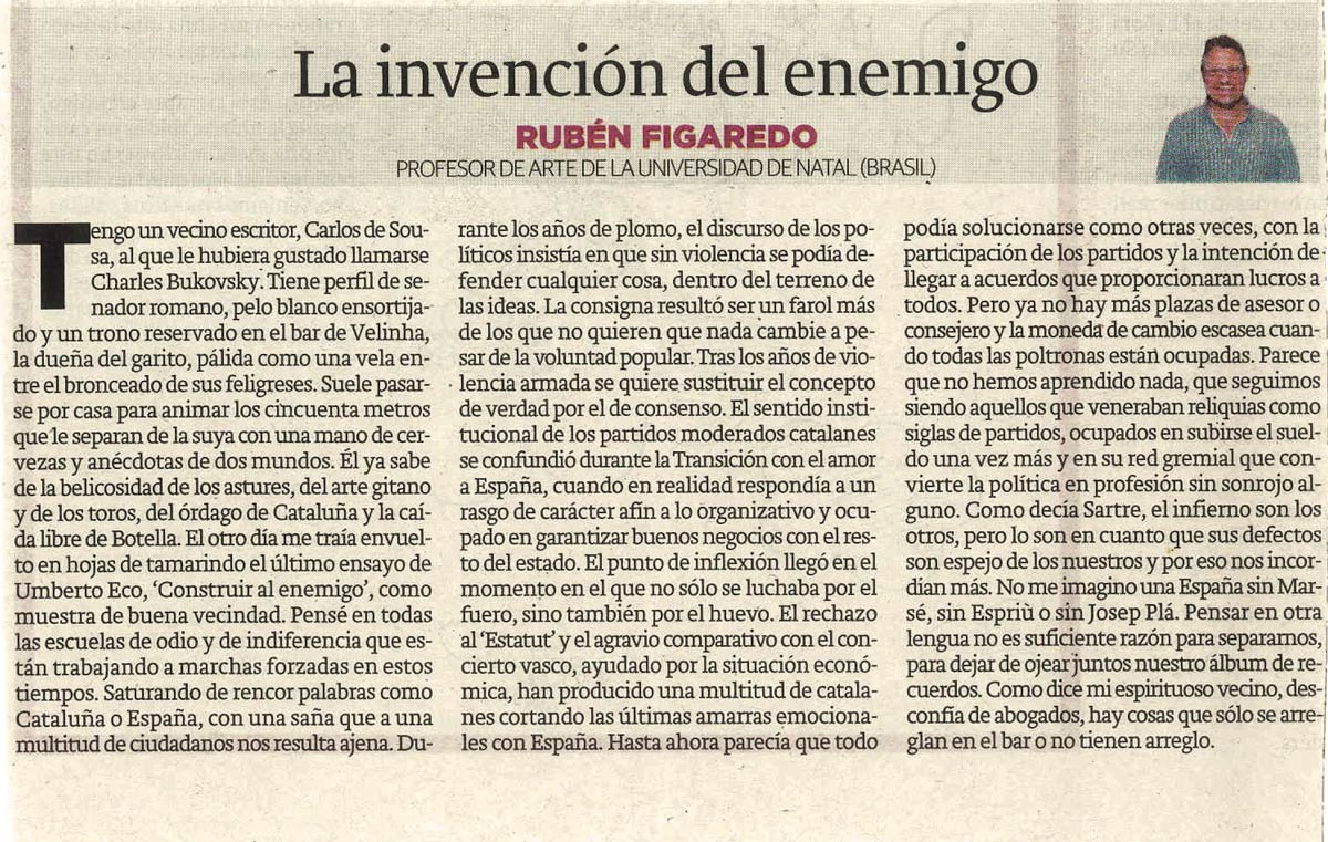 La invención del enemigo - originariamente publicado en El Comercio, el 07.10.13. (Artículo escaneado de la versión imprenta en el periódico El Comercio.