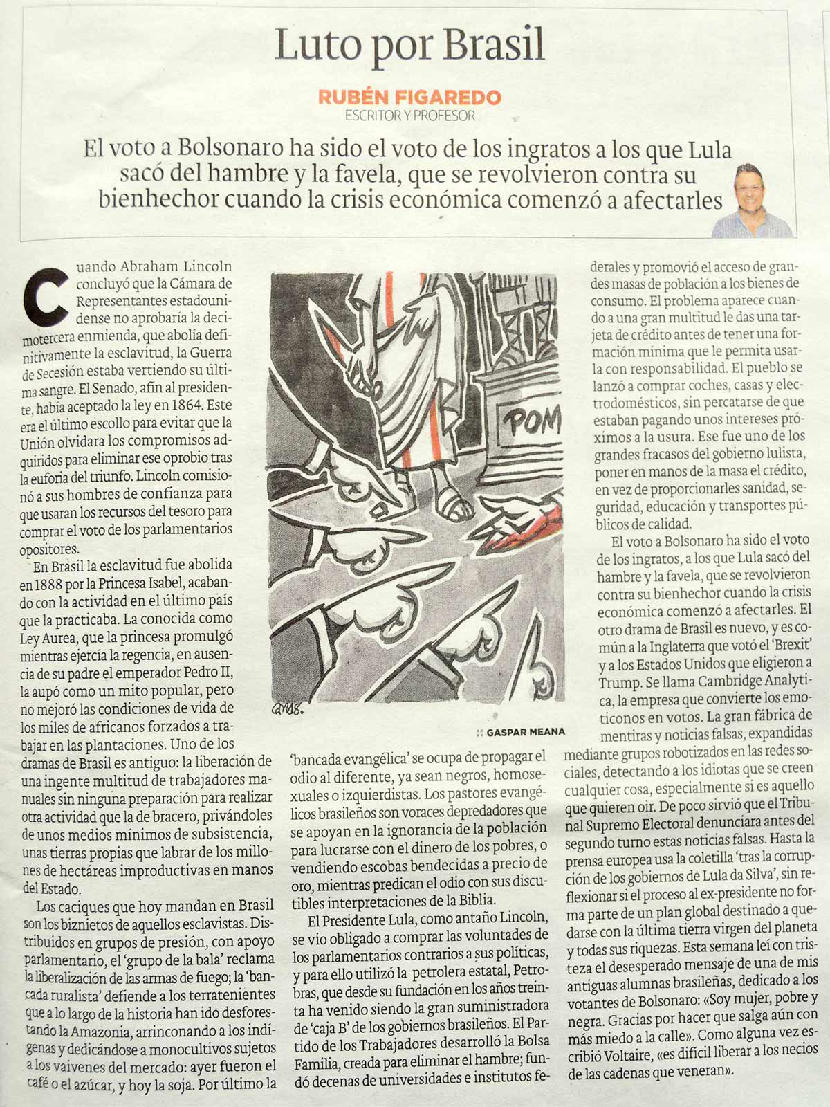 Luto por Brasil; - originariamente publicado en El Comercio, el 03.11.18. (Artículo escaneado de la versión imprenta en el periódico El Comercio.