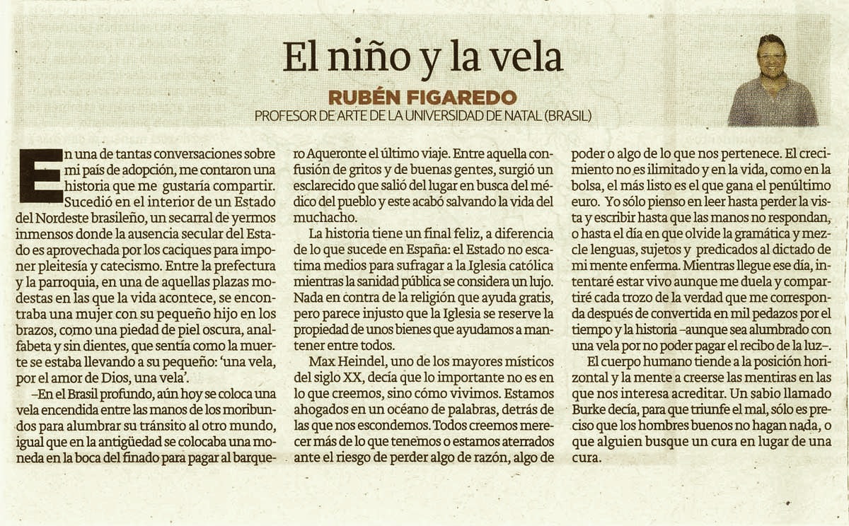 El niño y la vela - originariamente publicado en El Comercio, el 18.11.13. (Artículo escaneado de la versión imprenta en el periódico El Comercio.