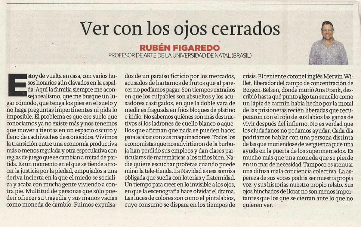Ver con los ojos cerrados - originariamente publicado en El Comercio, el 16.12.13. (Artículo escaneado de la versión imprenta en el periódico El Comercio.