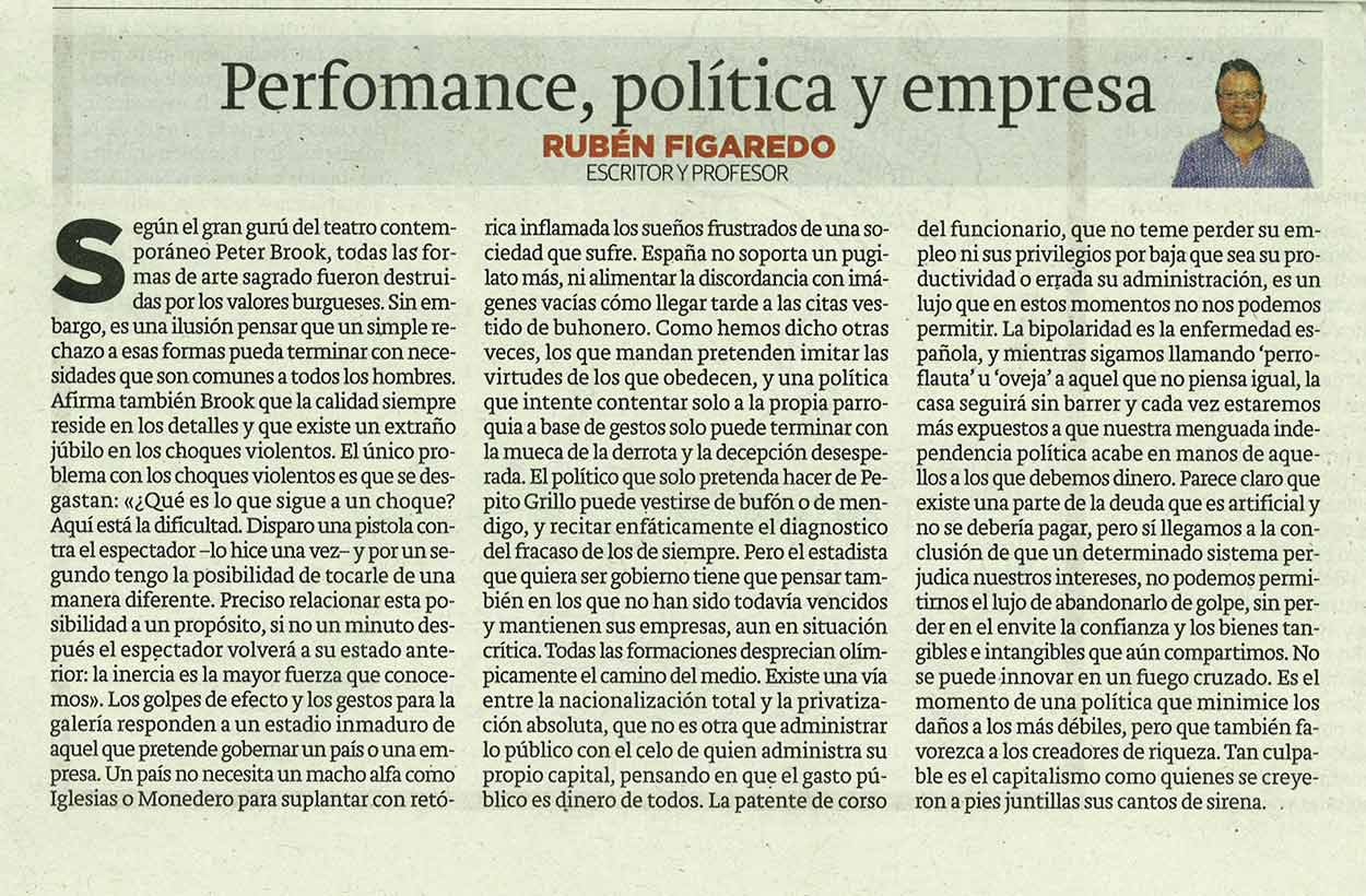 Performance, política y empresa - originariamente publicado en El Comercio, el 18.07.2016. (Artículo escaneado de la versión imprenta en el periódico El Comercio.