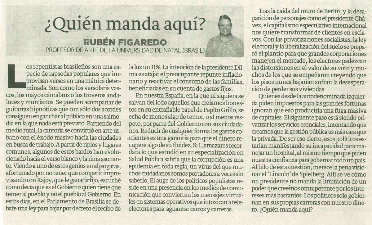 Quién manda aquí? - originariamente publicado en El Comercio, el 11.03.13. (Artículo escaneado de la versión imprenta en el periódico El Comercio.