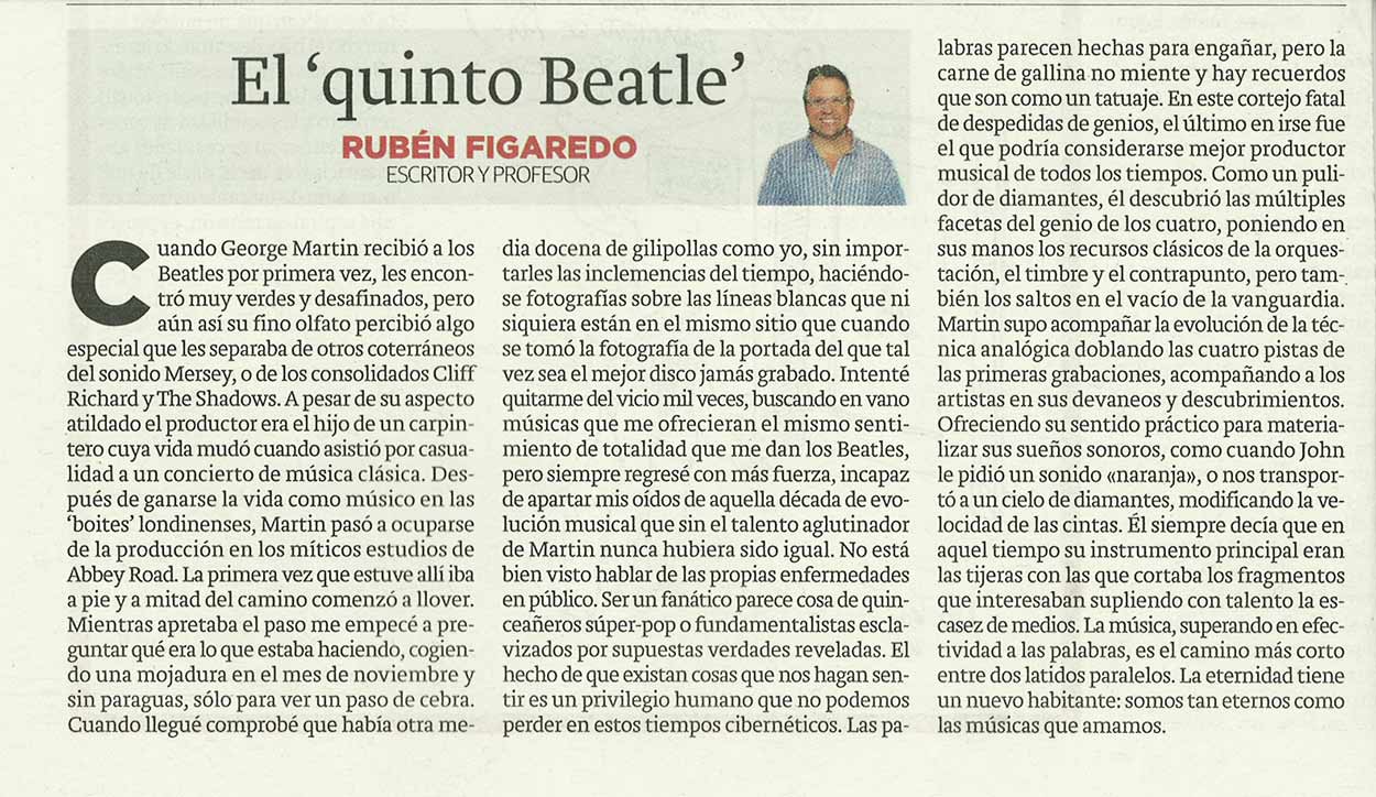El 'quinto Beatle'; - originariamente publicado en El Comercio, el 14.03.16. (Artículo escaneado de la versión imprenta en el periódico El Comercio.