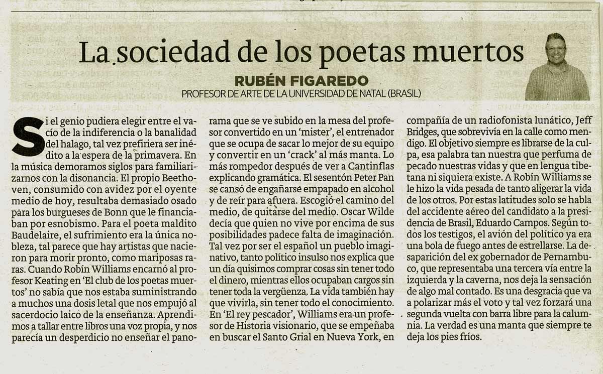 La sociedad de los poetas muertos - originariamente publicado en El Comercio, el 18.08.14. (Artículo escaneado de la versión imprenta en el periódico El Comercio.