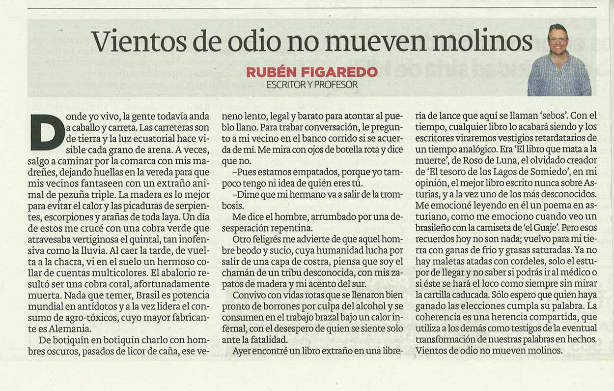 Vientos de odio no mueven molinos; - originariamente publicado en El Comercio, el 05.01.16. (Artículo escaneado de la versión imprenta en el periódico El Comercio.