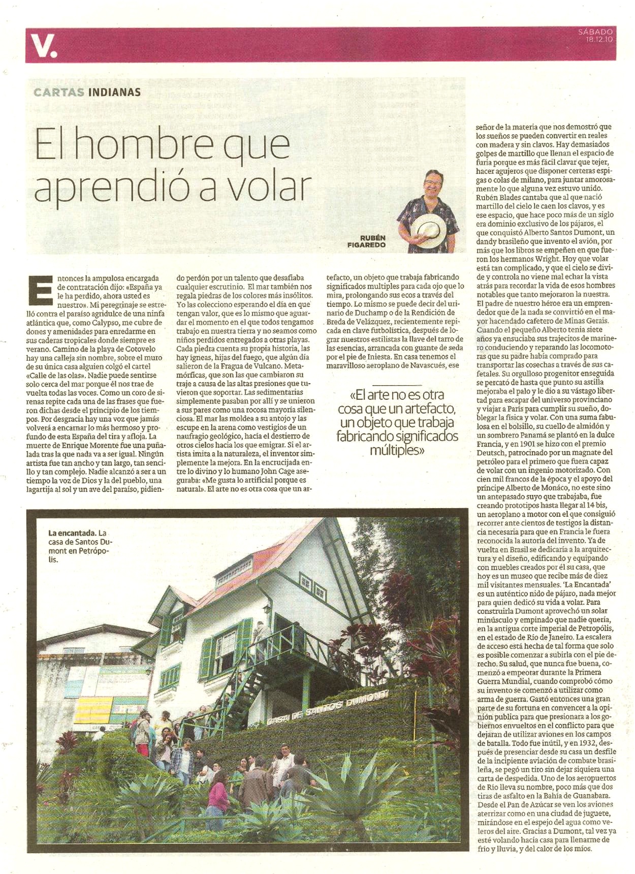 El hombre que aprendió a volar - Cartas Indianas; originariamente publicado en El Comercio, el sábado 18.12.10. (artículo escaneado de la versión imprenta en el periódico El Comercio.