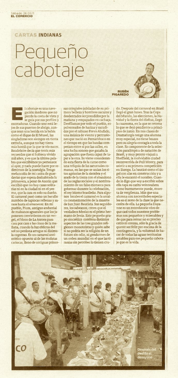 Pequeño cabotaje - Cartas Indianas; originariamente publicado en El Comercio, el sábado 26.03.11. (artículo escaneado de la versión imprenta en el periódico El Comercio.